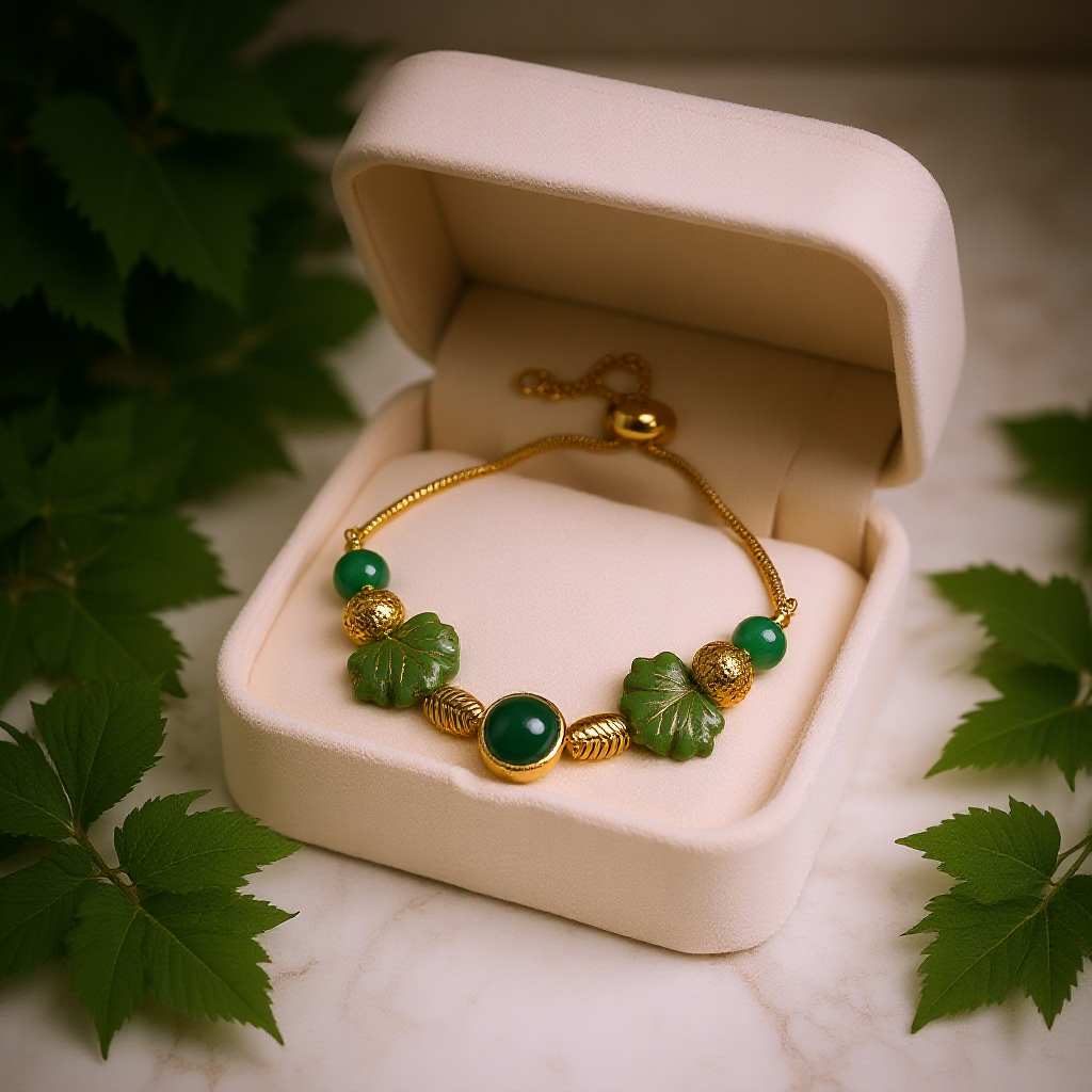 Adjustable Gold Plated Leaf Bolo Bracelet with Jade