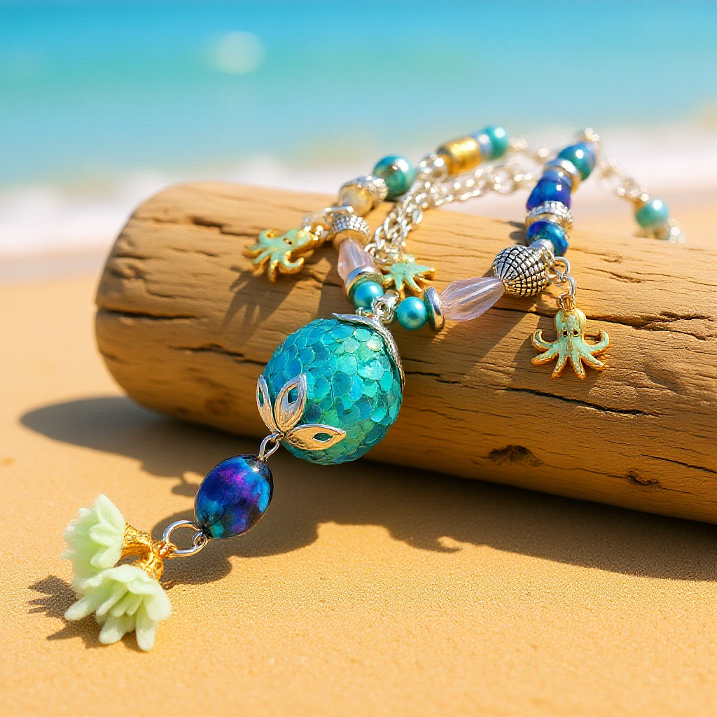 Teal Octopus & Mermaid Necklace with Abalone Shell