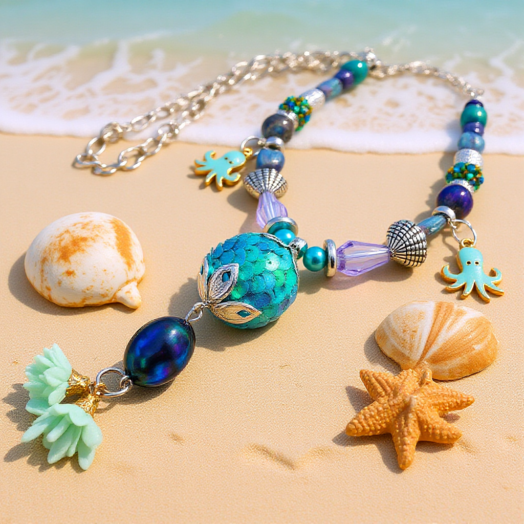 Teal Octopus & Mermaid Necklace with Abalone Shell