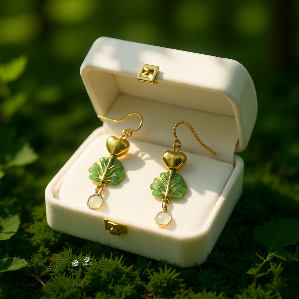 Prehnite Bezel Set Gemstone with Glass Leaf Earrings