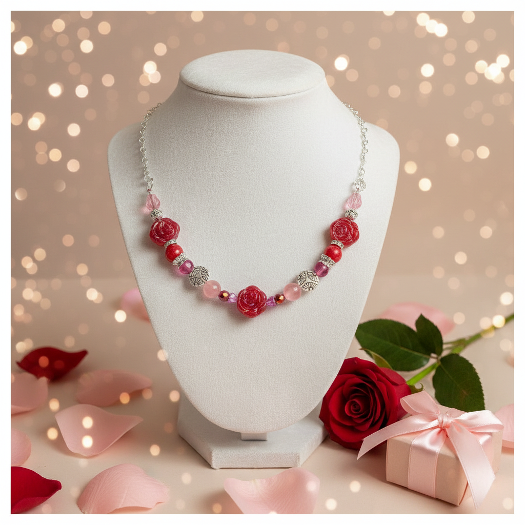 Red/Pink Rose Necklace with Heart Chain