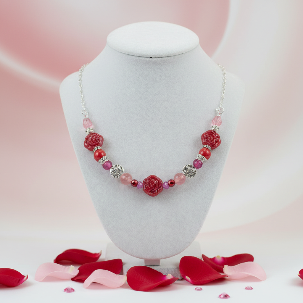 Red/Pink Rose Necklace with Heart Chain