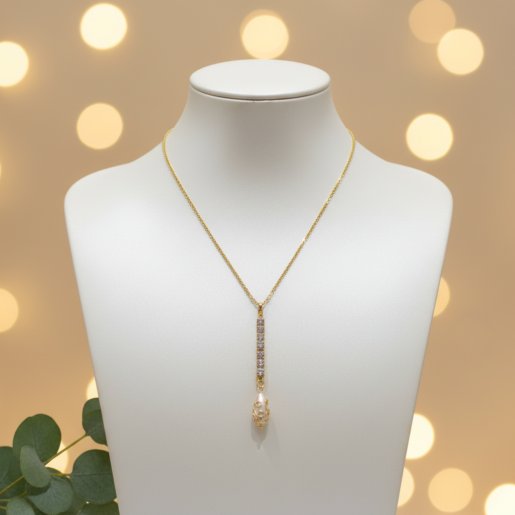 Elegant Cubic Zirconia with Wire Wrapped Faux Pearl Y Necklace