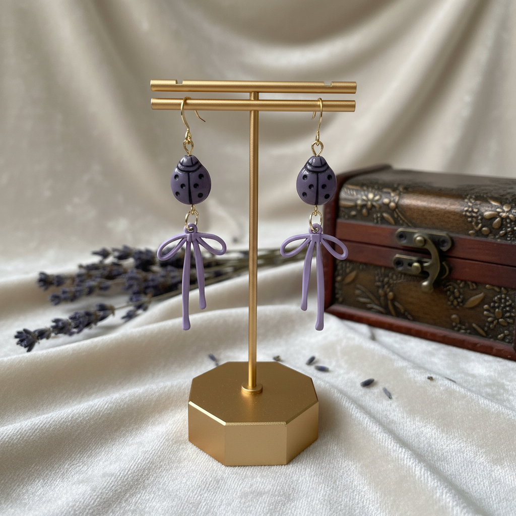 Purple Ladybug Earrings with Bows