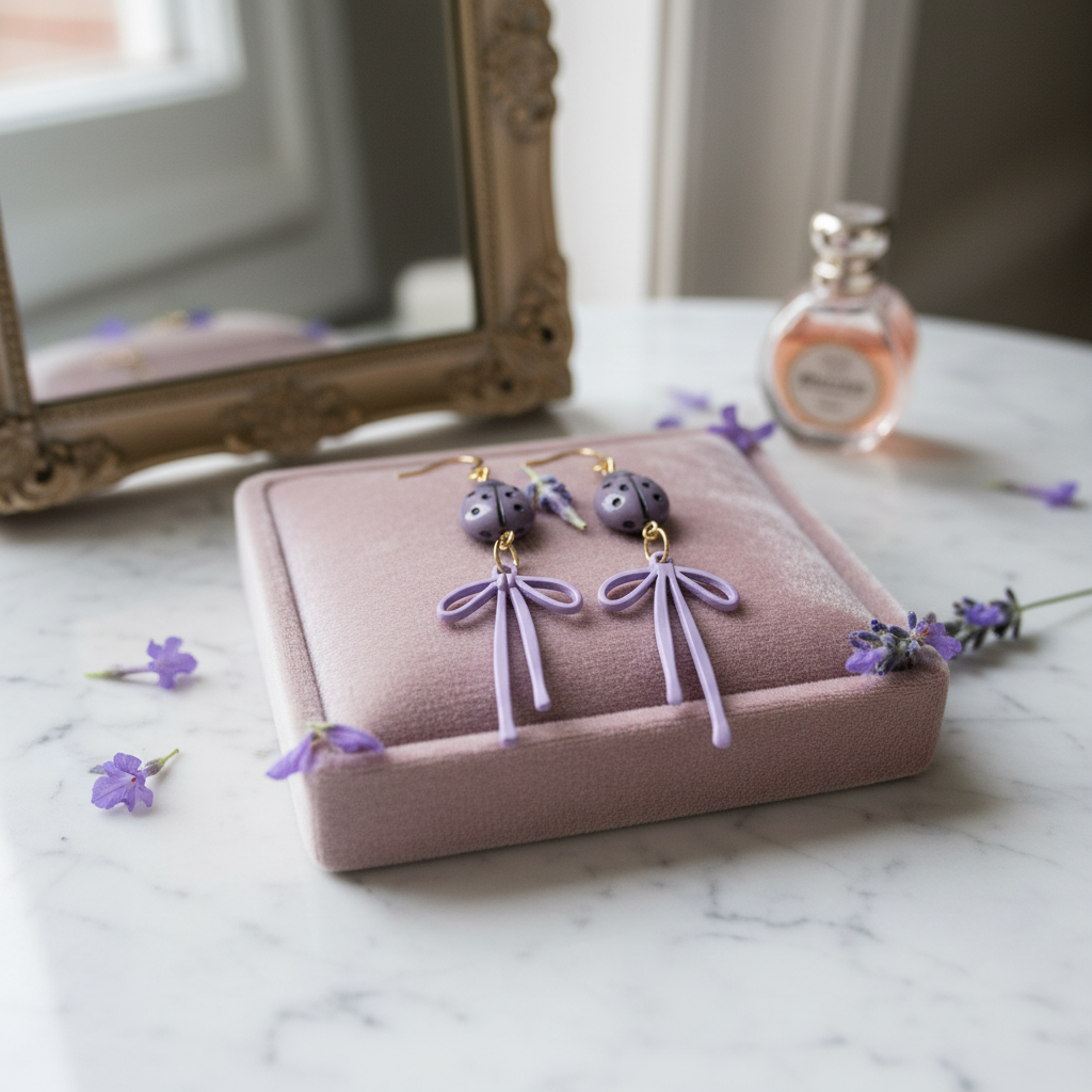 Purple Ladybug Earrings with Bows