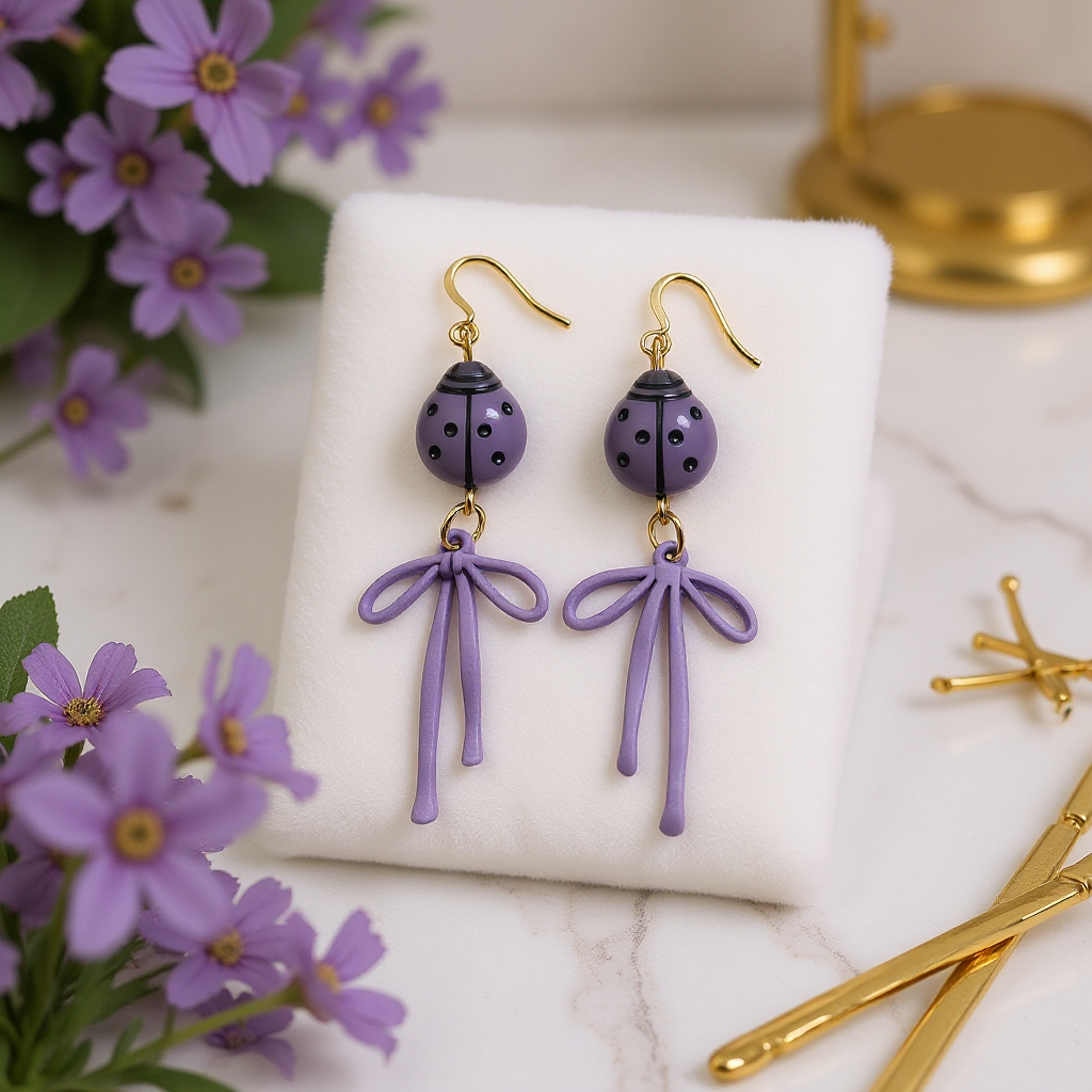 Purple Ladybug Earrings with Bows