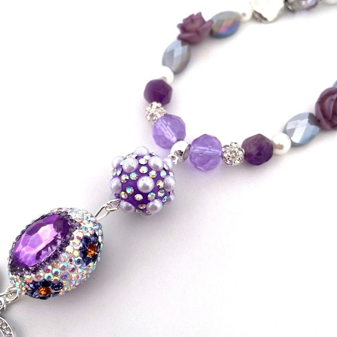 Sparkly Purple Beaded Necklace: Bow Pendant, Amethyst Gemstones