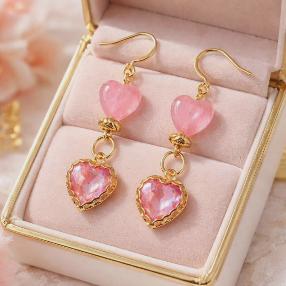Coral Pink Crystal & Cherry Quartz Heart Earrings